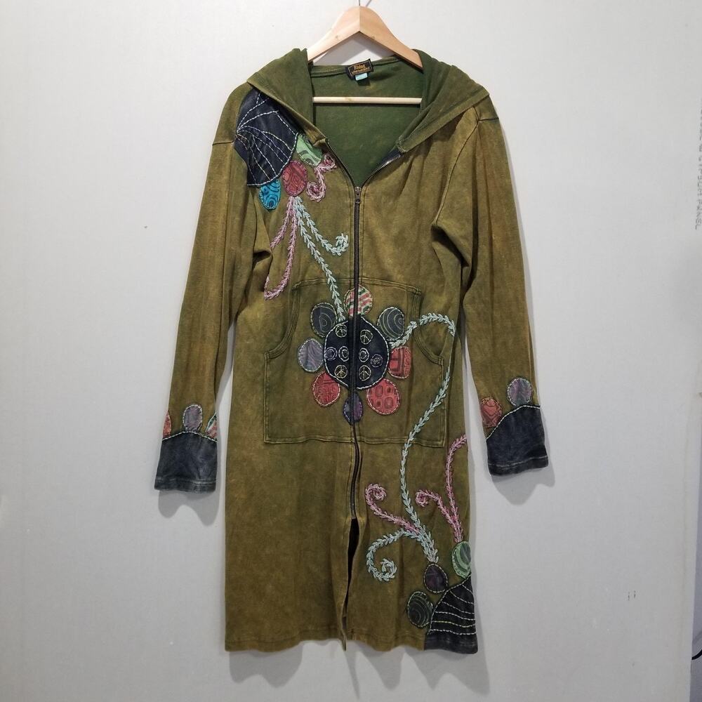 Rising International Coat Womens Large Green Embroidered Hooded Boho Art to Wear